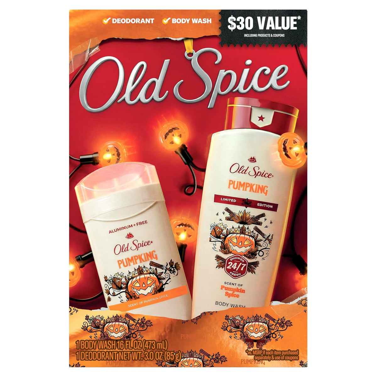 Old Spice Holiday Gift Pack for Men, Body Wash (16oz) & Aluminum Free Deodorant (3oz) Gift Box for Him, 24/7 Spooky Freshness, Fallidudes Limited Edition, PumpKing